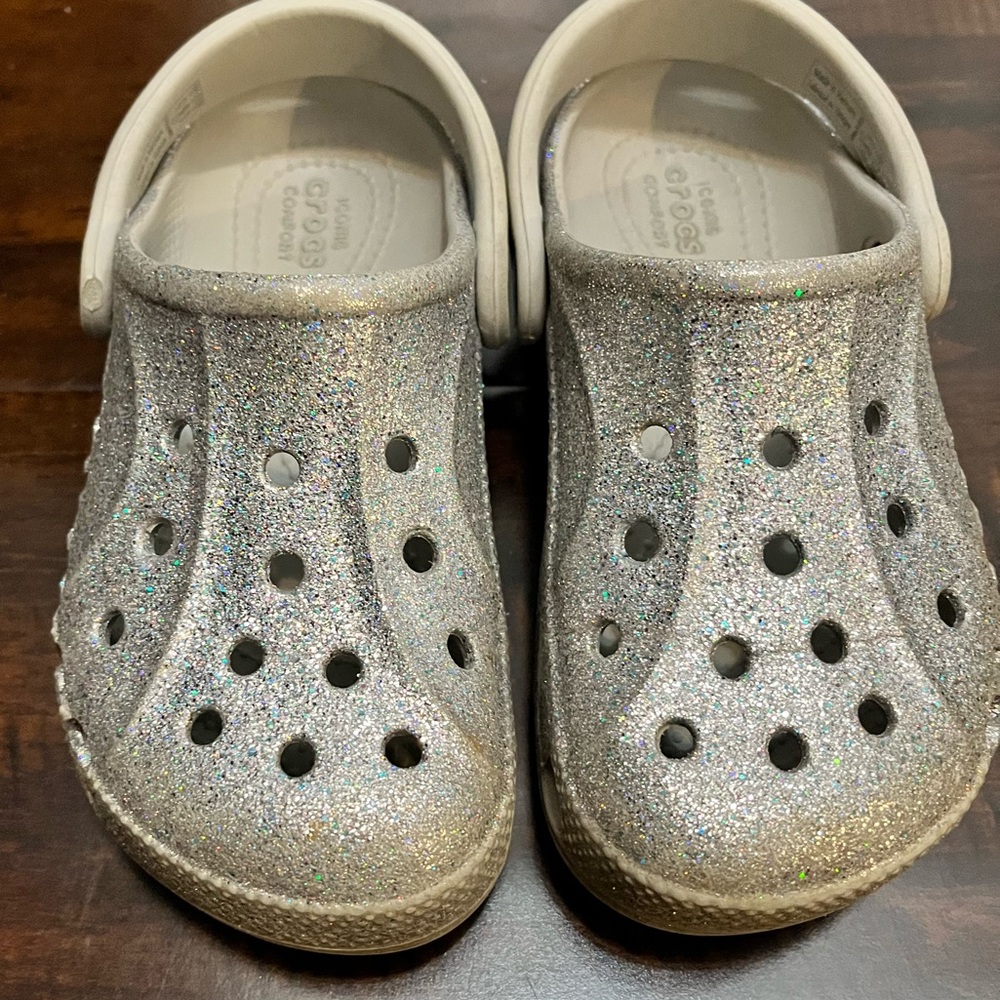 Size 11 kids silver glitter crocs